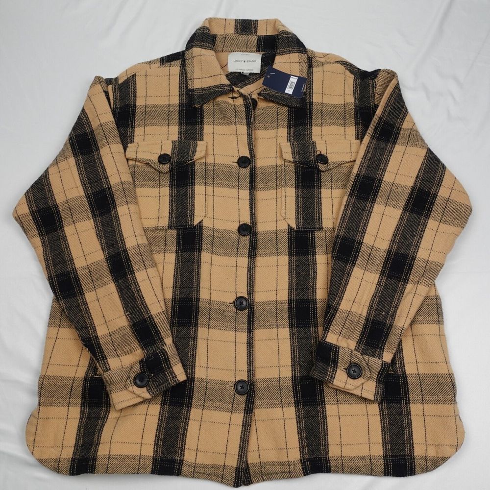 Brand New Lucky Brand Flannel Jacket Women's M Button Up Brown Plaid Shacket